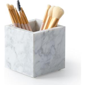 Real Luxurious Natural Marble Toothbrush Holder & Makeup Brush Organizer & Pen Holder for Desk,3.93inch Square Marble Utensil Holder Non-Ceramic/Non-Resin White