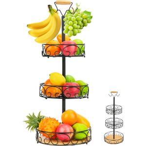JIABEIUS 3 Tier Fruit Basket for Kitchen Counter, Fruit Bowl Holder with 2 Banana Hangers, Vegetable Storage Stand Metal Wire Basket for Bread Onions Potatoes (Black)