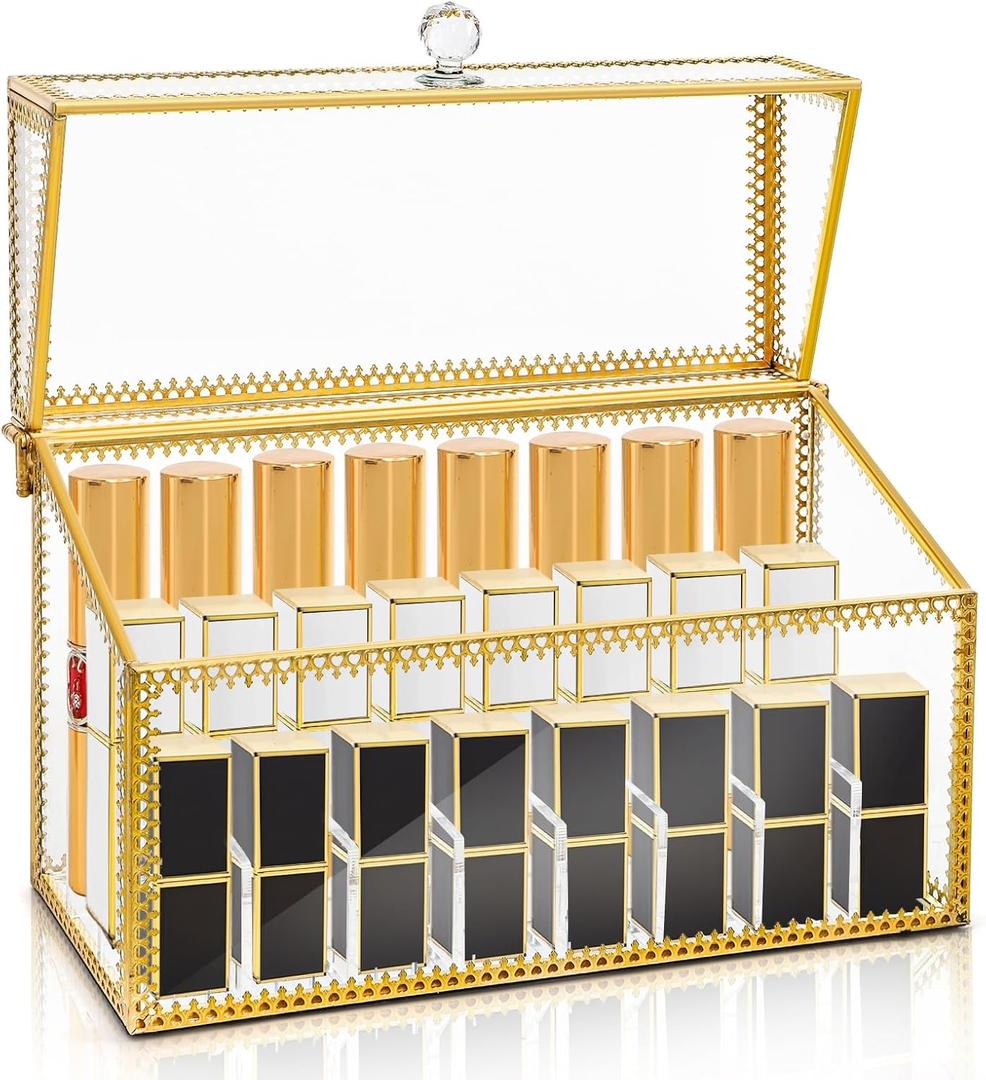 24 Slots Lipstick Organizer with Lid, Dustproof Tempered Glass Lipgloss Case, Vintage Clear Perfume Holder with Removable Divider, Versatile Luxury Vanity Makeup Storage Box for Cosmetics
