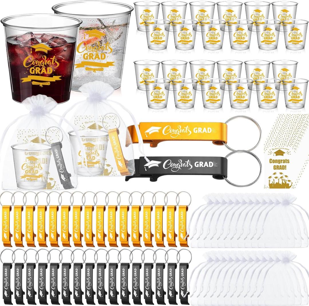 Yungyan 50 Sets Graduation Party Favors for Guests 2026 Congrats Grad 2.87oz Shot Glasses Aluminum Bottle Opener Keychain Thank You Cards Bulk for Graduation Party Guests Souvenirs (Black and Gold)