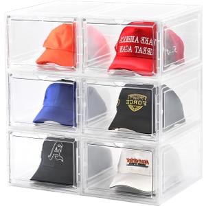 beehomay Hat Organizer Box,Stackable Clear Baseball Caps Holder Box Containers with Magnetic Door for Hats Snapback Cap Storage,Clear Hat Storage with Magnetic Door, Holds 60 Hats(clear, 6 pack)