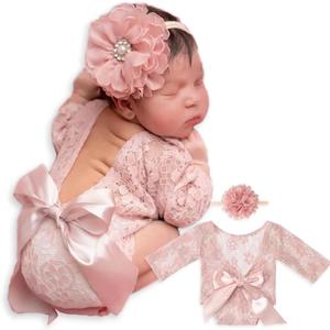 ForBaysy Infant Newborn Photography Props Girl Outfit Lace Romper with Cute Flower Headband Newborn Dress Posing Props (Princess pink)