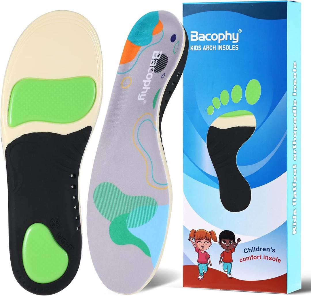 Bacophy Kids Arch Support Orthotic Insoles, Children Pu Cushioning Inserts, Shock Absorption Velvet Surfaces Deep Heel Cup Inner Sole for Plantar Fasciitis, Flat Feet, Feet Heel Pain Relief (11.5-13.5 M US Little kid, Multi-colored)