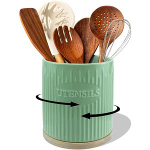 QINSDESIGNS 360° Rotating Utensil Holder, 7.6" Large Ceramic Kitchen Utensil Holder for Countertop with Bamboo Base, Stable Utensil Organizer, Farmhouse kitchen Decor, Green
