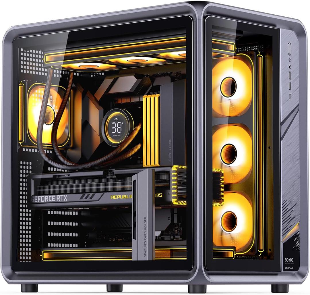 JONSBO BO400 ATX Mid Tower PC Case, Aluminum Frame, Back-Connect MB,High Comp Gaming Dual Chamber Computer Case,GPU 435mm/PSU 200mm/AIO360x3,Top Front Interchangeable Glass/Mesh Desktop Display