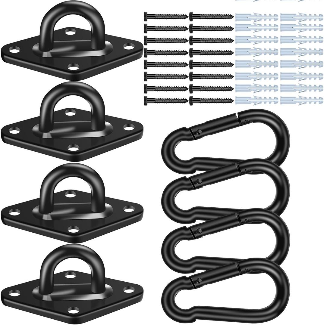 Hammock Hooks 4 Pack, Heavy Duty Hammock Hanging Kit, M10 304 Stainless Steel Pad Eye Hanging Hooks for Porch Swing Hang, 3400Lbs Holding Capacity,Black