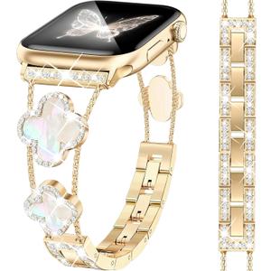 Bling Diamond Clover Bands Women Compatible with Apple Watch  Lucky Cute Sparkle Dressy Bracelet Metal Strap for iWatch Series Ultra/SE/10/9/8/7/6/5/4/3/2/1, Gold, Size: 46/45/44/49/42mm(Series 1/2/3)
