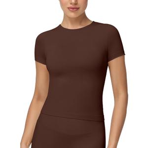 MCEDAR Womens Seamless Soft Smoothing T-Shirts Short Sleeve Slim Fit Basic Tees Crew Neck Casual Shirts (Brown, L)