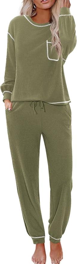 Ekouaer Womens Pajamas Set Waffle Knit Long Sleeve Lounge Set 2 Piece Pj Loungewear Sleepwear XL