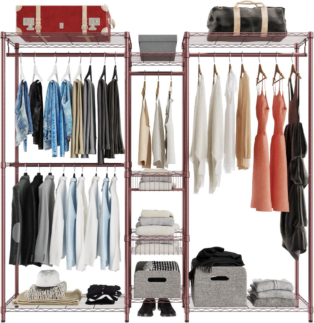 Xiofio 6 Tiers Heavy Duty Clothes Rack, Metal Clothing Rack,Clothing Storage Organizer,Garment Rack with Basket,Hanging Adjustable Garment Rack,65.0" L x 15.7" W x 76.0" H,Max Load 800LBS,Bronze