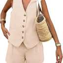 PRETTYGARDEN Women's Summer 2 Piece Outfits Sleeveless Matching Sets Button Down V Neck Vest Waistcoat and Pockets Shorts (Medium, Beige)