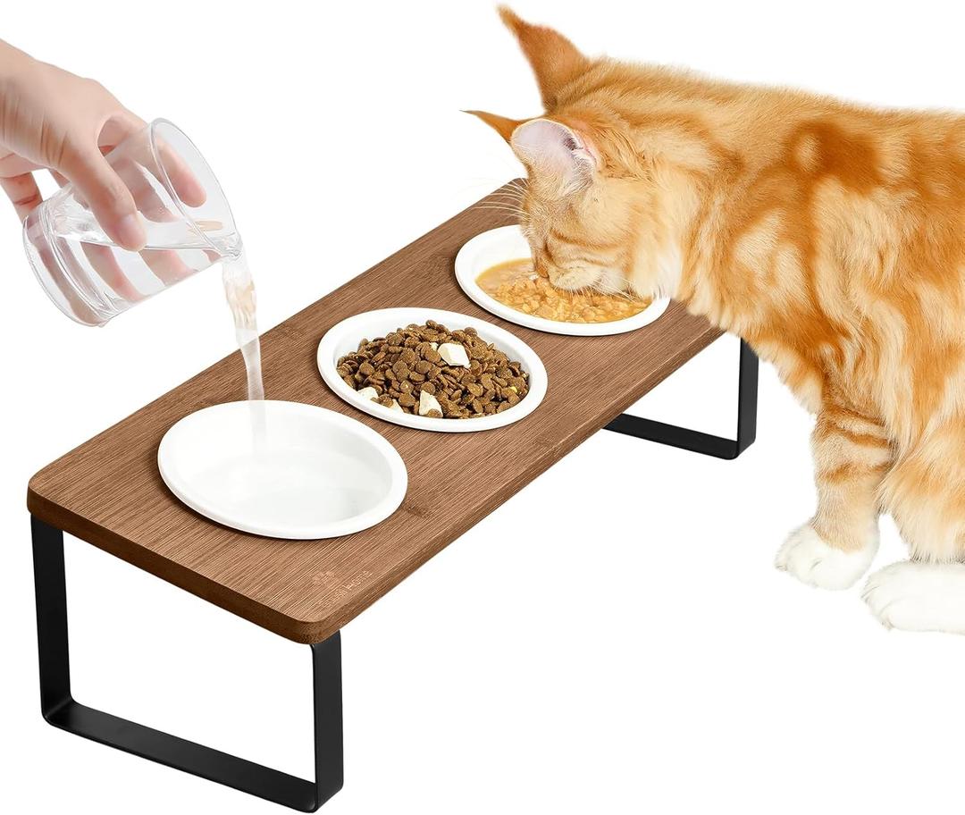 Sunhoo Raised Cat Food Water Bowl Elevated Tilted Kitty Dishes Set of 3 Ceramic Dish for Indoor Cats Orthopedic Pet Food Stand Reduces Vomiting 3 Bowl Cat Feeder Easy Assembly (Brown)