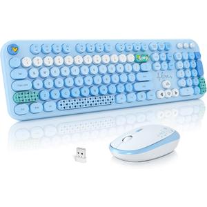 MOFII Wireless Keyboard and Mouse Combo, Cute Keyboard Full Size and Wireless Mouse, 2.4GHz Retro Typewriter Keyboard Mouse Set for PC/Desktop/Laptop/Windows (Blue Colorful)