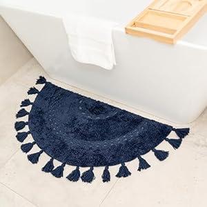 Unique Boho Rug - Half Circle Mat with Crochet Insert Detail & Tassels - 100% Cotton Boho Bathroom Rugs - Decorative Non-Slip Bohemian Rug for Bath & Bedroom - Cute Boho Decor - Navy Blue 42x22