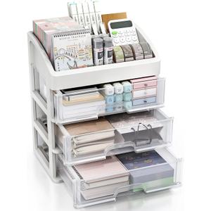 Desk Organizer with Drawers, 3 Drawer Desktop Plastic Storage, Clear Desktop Storage Drawers for Office Supplies, Make up Organizers