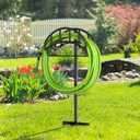 Garden Hose Holder - Upgraded Metal Reel With Tool Storage Basket, Heavy Duty Freestanding Water Hose Holder Holds 150ft, Detachable Storage Hanger for Outside