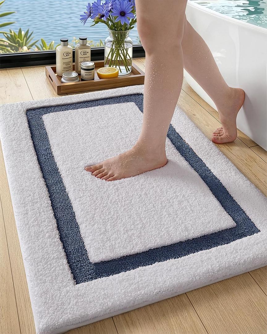 Color&Geometry White Bathroom Rugs 36x24, Extra Soft Absorbent Microfiber Bath Rugs, Non-Slip Bathroom mat, Washable Plush Bath Mats for Bathroom, Shower, Bathtub, Laundry, White Blue