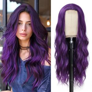 Long Purple Wavy Wigs for Women Middle Part Dark Purple Wig 26 inch Natural Curly Synthetic Wig Heat Resistant Fiber Wigs for Daily Party Use