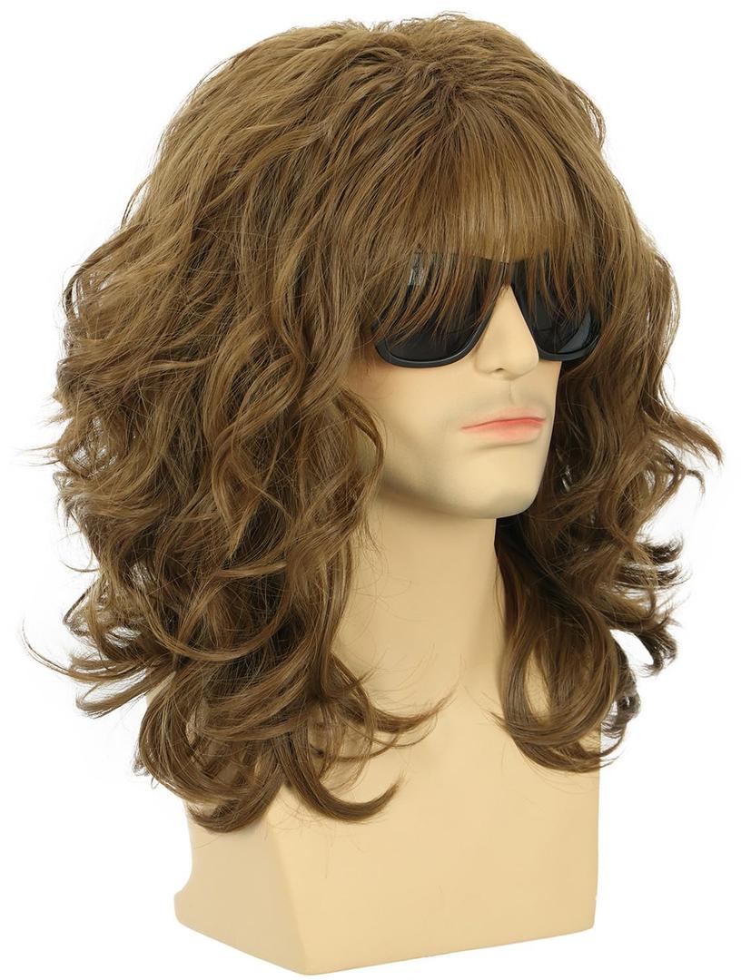 karlery California 70s 80s Rocker Wig Men Women Long Curly Brown Halloween Costume Wig