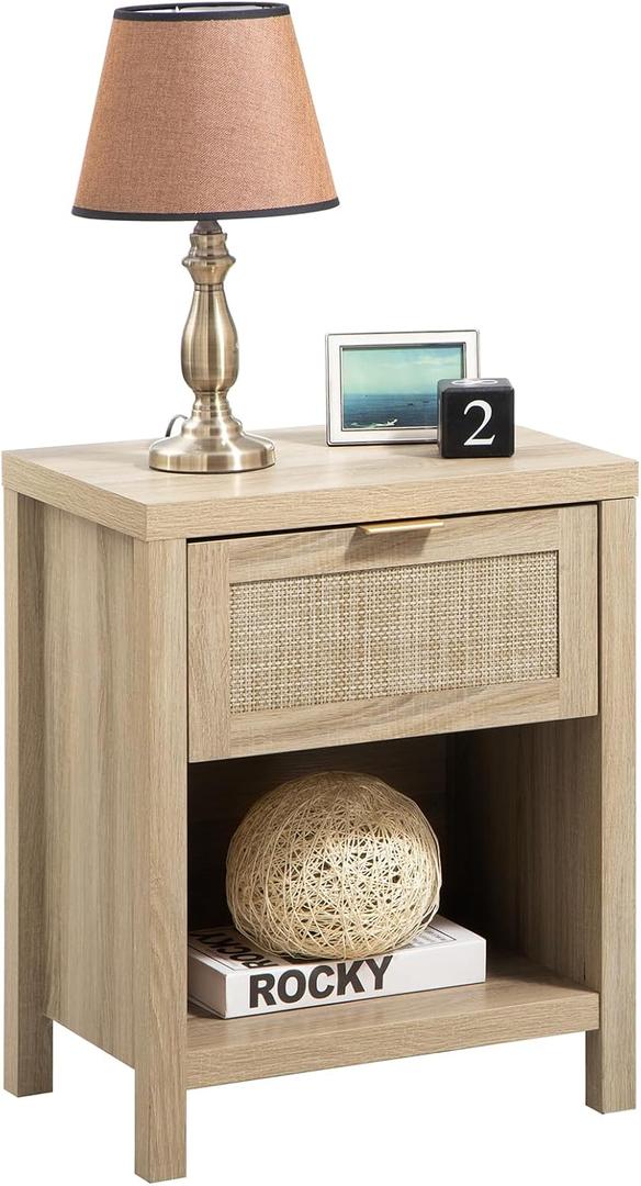 SICOTAS Rattan Night Stands, Farmhouse Nightstand Boho End Side Table Bedside Table with Drawer and Open Shelf for Bedroom, Light Oak