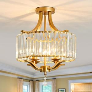 Modern Crystal Chandelier 4 Lights Gold Semi Flush Mount Ceiling Light Fixture E12 Metal Farmhouse Chandelier for Dining Room Living Room Bedroom Entryway Hallway Kitchen