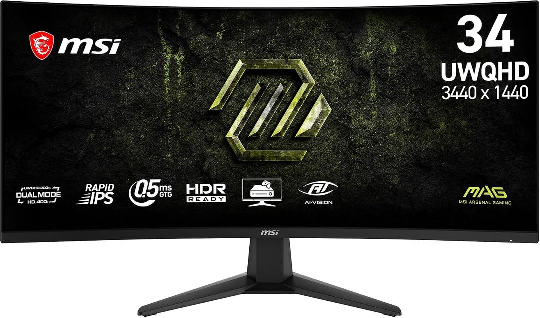 msi MAG 346CQDF E20 34-inch 3440 x 1440 (UWQHD) Gaming Monitor, 200Hz, AMD FreeSync Premium, HDR Ready, HDMI, VGA Port, VESA, Tilt, 0.5ms, Black
