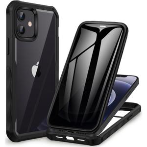 CENHUFO Privacy for iPhone 12 Case/iPhone 12 Pro Case, Full Body Phone Case with Builtin 9H Tempered Glass Privacy Screen Protector and Camera Lens Protector, Shockproof Bumper Clear Cover Black
