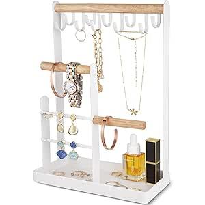 ProCase Jewelry Organizer Stand Necklace Holder, 4-Tier Jewellery Organizers Earring Tower Display Rack with Metal Storage Tray for Bracelet Rings, Gifts for Women Girls -White