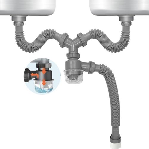 QruiLanTu Double Sink Drain Kit Expandable Flexible 1 1/2 Inch P-Trap with Visible Removable Easy-Clean Water Seal Anti-Odor Cup for Bathroom, Kitchen Sink Drain Pipe Kit, 1 2/1 IN, Grey+1