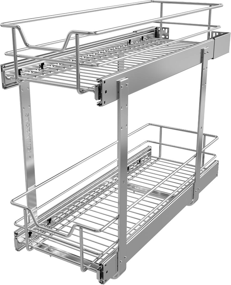 2 Tier Pull Out Cabinet Organizer 9" W X 22" D, Chromed, Full Slide Out