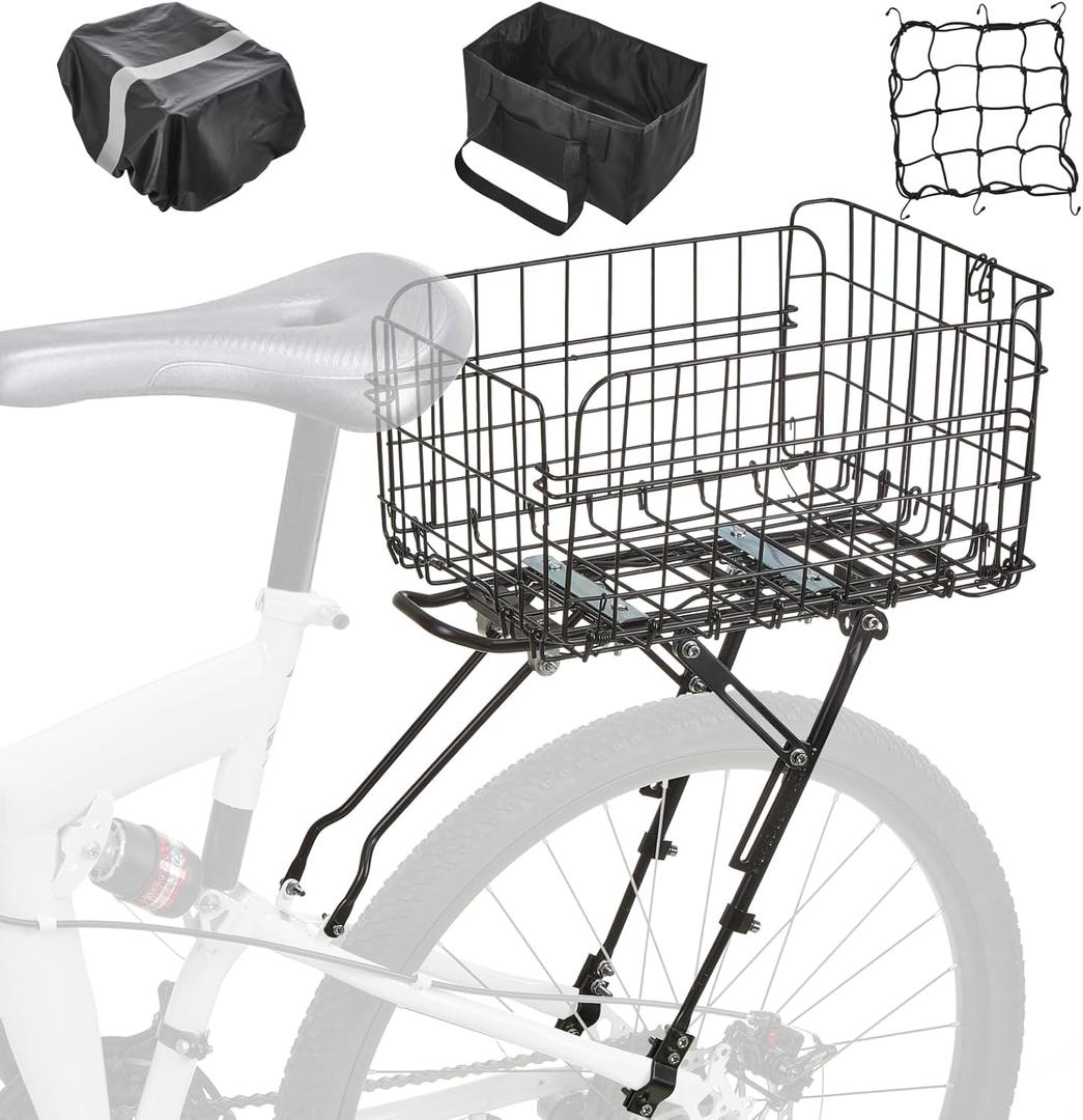 Rear Bike Rack with Basket- Bicycle Cargo Rack with Waterproof Cover, Liner and Cargo Net, Bike Storage Basket for 26" - 29" and 700c Bikes