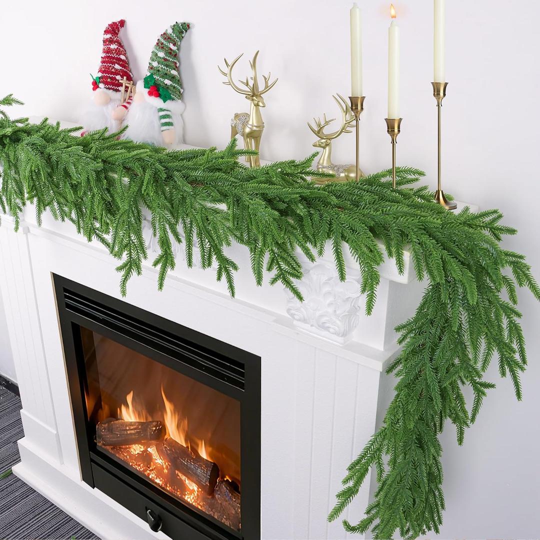 9 FT Christmas Norfolk Pine Garland Real Touch Artificial Faux Greenery Pine Christmas Garland Decorations for Home Mantle Table Stairs Door Fireplace Indoor Outdoor Xmas Holiday Decor