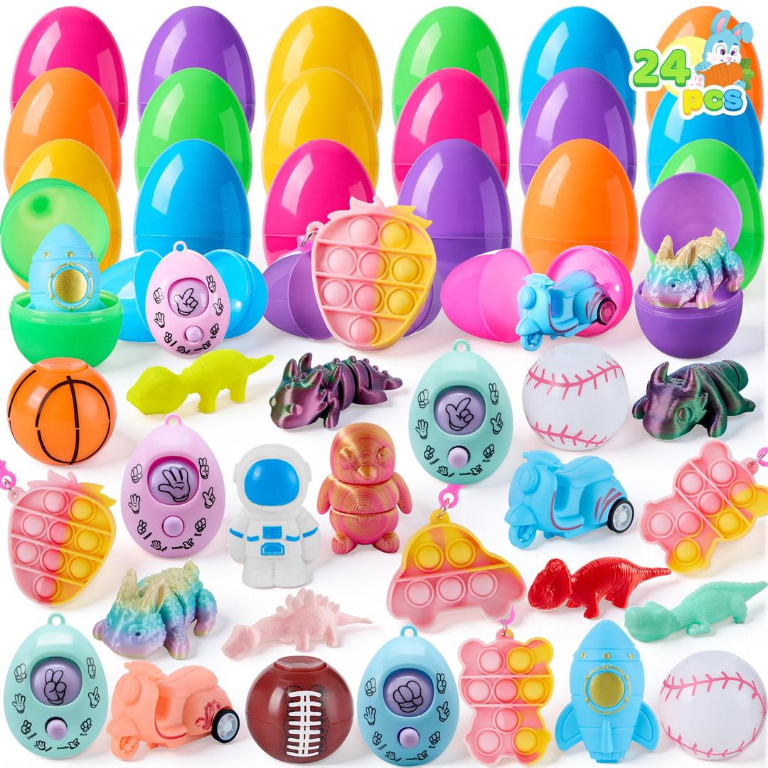 JJOYIN 24 Pcs Prefilled Easter Eggs with Assorted Toys, Filled with Easter Toys, Easter Basket Stuffers for Kids, Easter Egg Hunt , Classroom Prize Supplies
