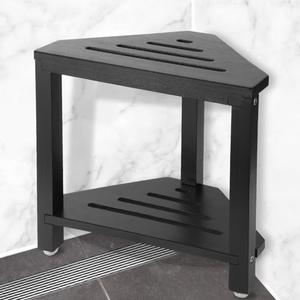 IBosins Corner Shower Stool with Storage Shelf Shower Foot Rest for Shaving Legs Small Bench for Inside Shower to Sit on Bath Seat - Acacia Wood, Black