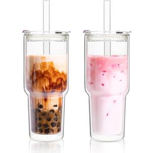 KEMORELA 28 oz Double Wall Glass Tumblers Set of 2, Large Insulated Drinking Glasses for Hot & Cold Drinks, Wide-Mouth Water Cups for Matcha, Iced Coffee, Tea, Smoothies, Dishwasher Safe