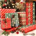 Panigkids Christmas Wrapping Paper(Including Jute Twine), 4 Rolls vintage wrapping paper with Geometric Stripes, Tree & Snowflakes Designs for Christmas Gift Wrap, Thanksgiving & Holiday & Party , 16.9'' x 16.4' (Green)