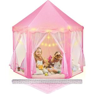 Princess Tent with Rug & Led Star Lights,Princess Castle Play Tent for Girls Kids or Toddlers, Kids Large Playhouse for Indoor and Outdoor Games,140 * 135cm,Birthday for 3/4/5/6/7/8/9+ Year Old