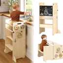 4-in-1 Kids Kitchen Step Stool, Foldable Toddler Tower with Blackboard and Toys, Toddler Kitchen Stool Helper for Kids, Wooden Step Stool for Toddlers, Learning Standing Tower
