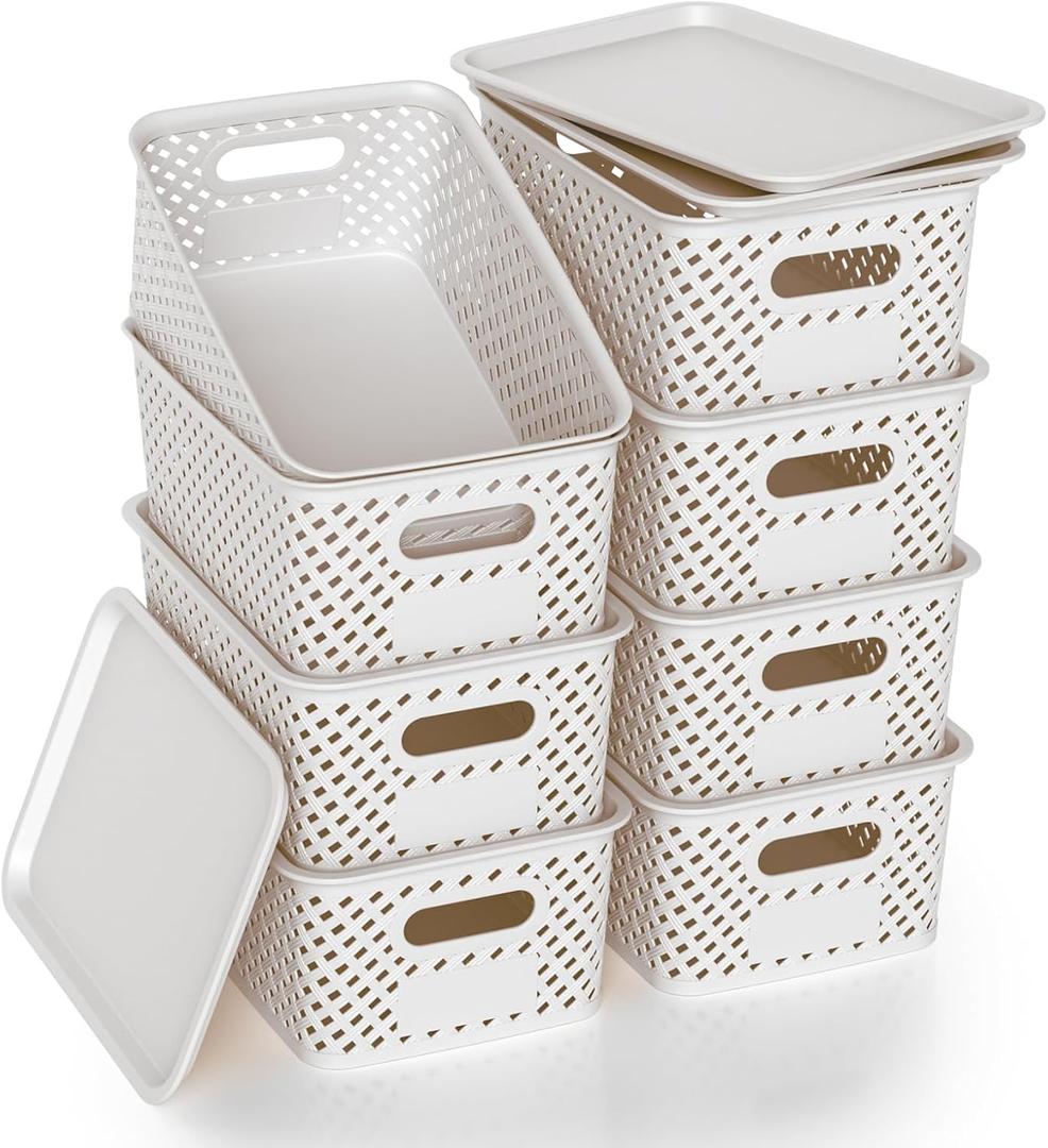 Plastic Storage Bins with Lid, Stackable Small Box Basket for Organizing and Containers for Shelves Drawers Desktop Closet Playroom Pantry Classroom Office Home, 8-pack 10.2x7.2x4.1 Inch, White