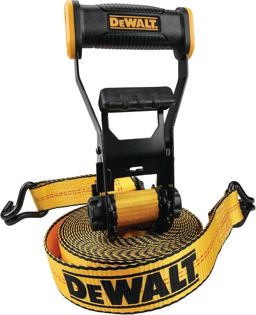 DEWALT DXBC10000J Black/Yellow 2" x 27' Ratchet Tie Down Strap with Double J-Hook - Heavy-Duty Cargo Securing (10,000 lb Break Strength)