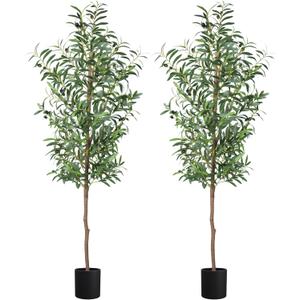 Fake Olive Tree, 5FT 2Pack Tall Plants Olive Trees 60in Silk Plant with Trunk and Realistic 536 Leaves and 20 Fruits for Modern Office Home Decor Indoor