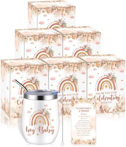Hoolerry 6 Set Baby Shower Game Prizes 12 oz Insulated Stainless Steel Tumbler Cup with Lids, Straws, Cleaning Brush, Cards & Gift Boxes Return Gifts for Guests(Light Pink,Rainbow)