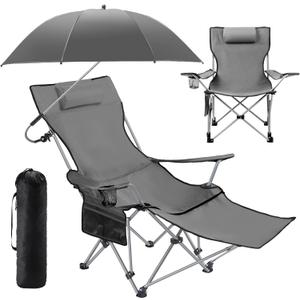 2-in-1 Reclining Camping Chair with 360° Umbrella Folding Lounge Beach Chair with Footrest and Universal Clamp UPF 50+ Adjustable Umbrella Portable Lightweight Seating for Adults Outdoor