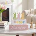 Wooden Easter Bunny Sign Decorations, 5 Piece Happy Easter Blocks for Tiered Tray, Table Centerpiece, Mantel Home Decor