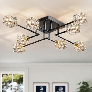 Black Crystal Semi Flush Mount Chandelier,8-Light Sputnik Ceiling Light, 31.8" in diameter and 5.5" in height