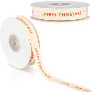 Waydress Merry Christmas Ribbon 5/8' x 20 Yards Cotton Herringbone Custom Ribbon Natural Christmas Thread for Gift Wrapping Crafts DIY Flower Wreath Garland Holiday Xmas Decorations