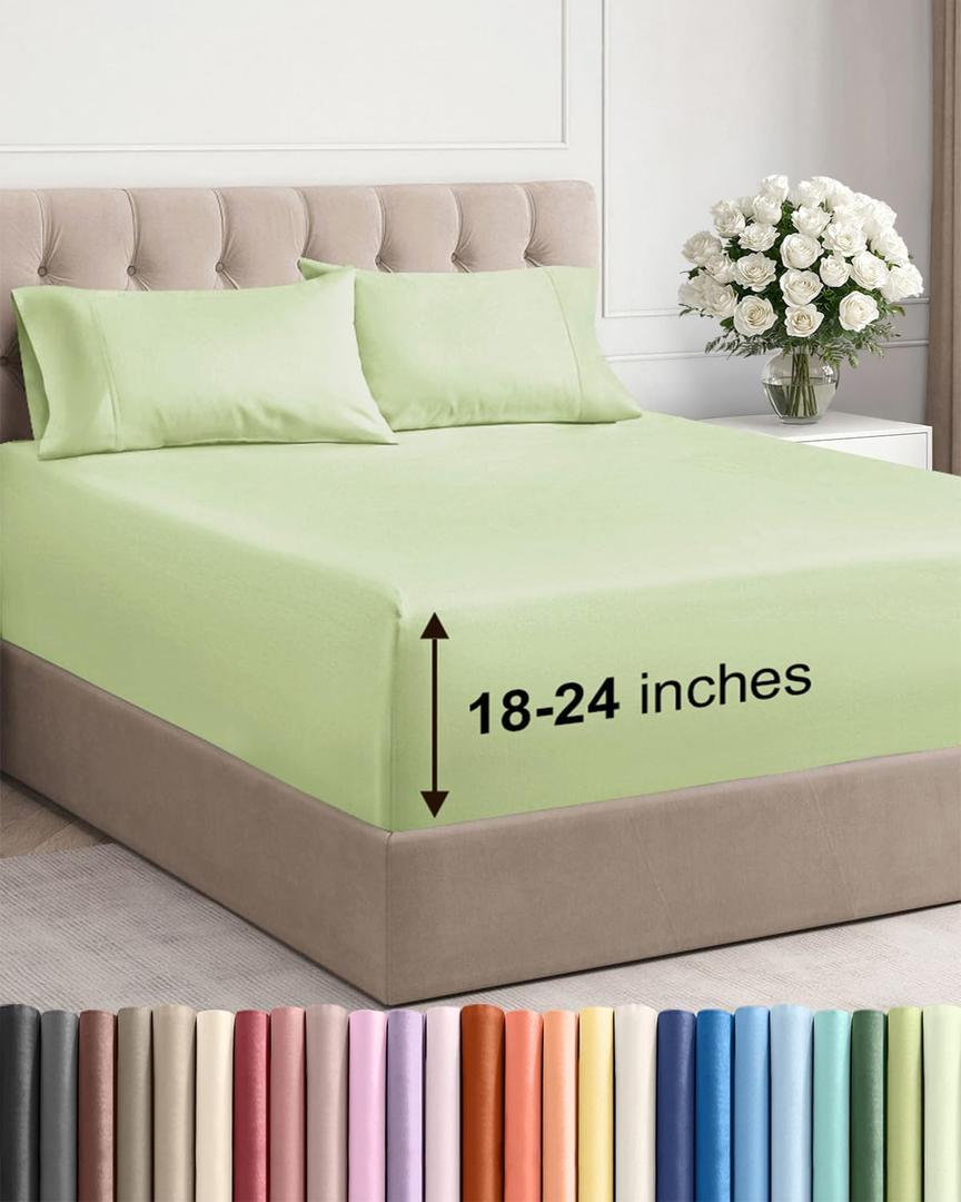 Extra Deep King Sheet Set - 4 Piece Breathable & Cooling Bed Sheets - Easily Fits 18 to 24 inch Mattress - Soft, Wrinkle & Fade Free with Extra Deep Pockets - Hotel Luxury Bedding - Light Sage Green