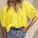 BETTE BOUTIK Women's Long Short Sleeve Tops 2025 Dressy Casual Button Hollow Out Lace Embroidered Blouses Shirts (Yellow)