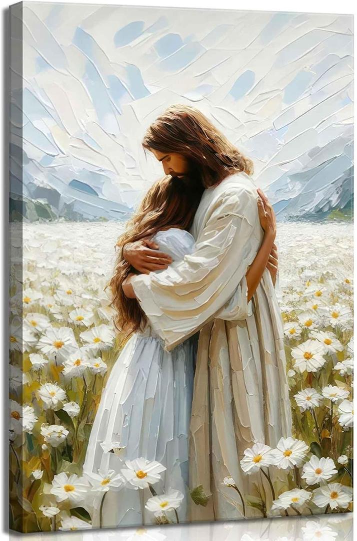 Frame Jesus Hugging Girl Canvas Wall Art Jesus and Woman Wall Decor Pictures Modern Christian Healing Embrace Mormon Prints Posters for Hallway Bathroom Dining Living Room Kitchen Wall Bedroom Decoration16x24in