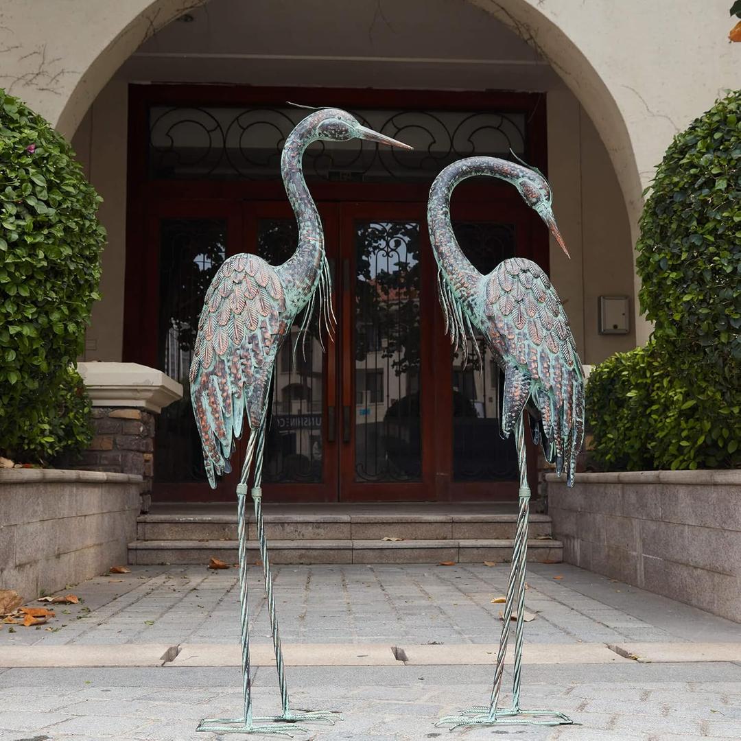 Kircust Garden Crane Statues, Standing Metal Patina Heron Decoy Outdoor Statue, 42-46 Inch Bird Yard Art for Patio Lawn Pond, Set of 2 (Large, Copper)